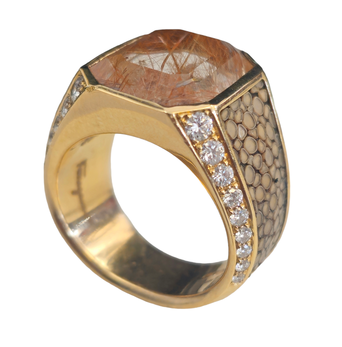 Salvatore Ferragamo 18 Karat Yellow Gold Ring with Quartz and Diamonds