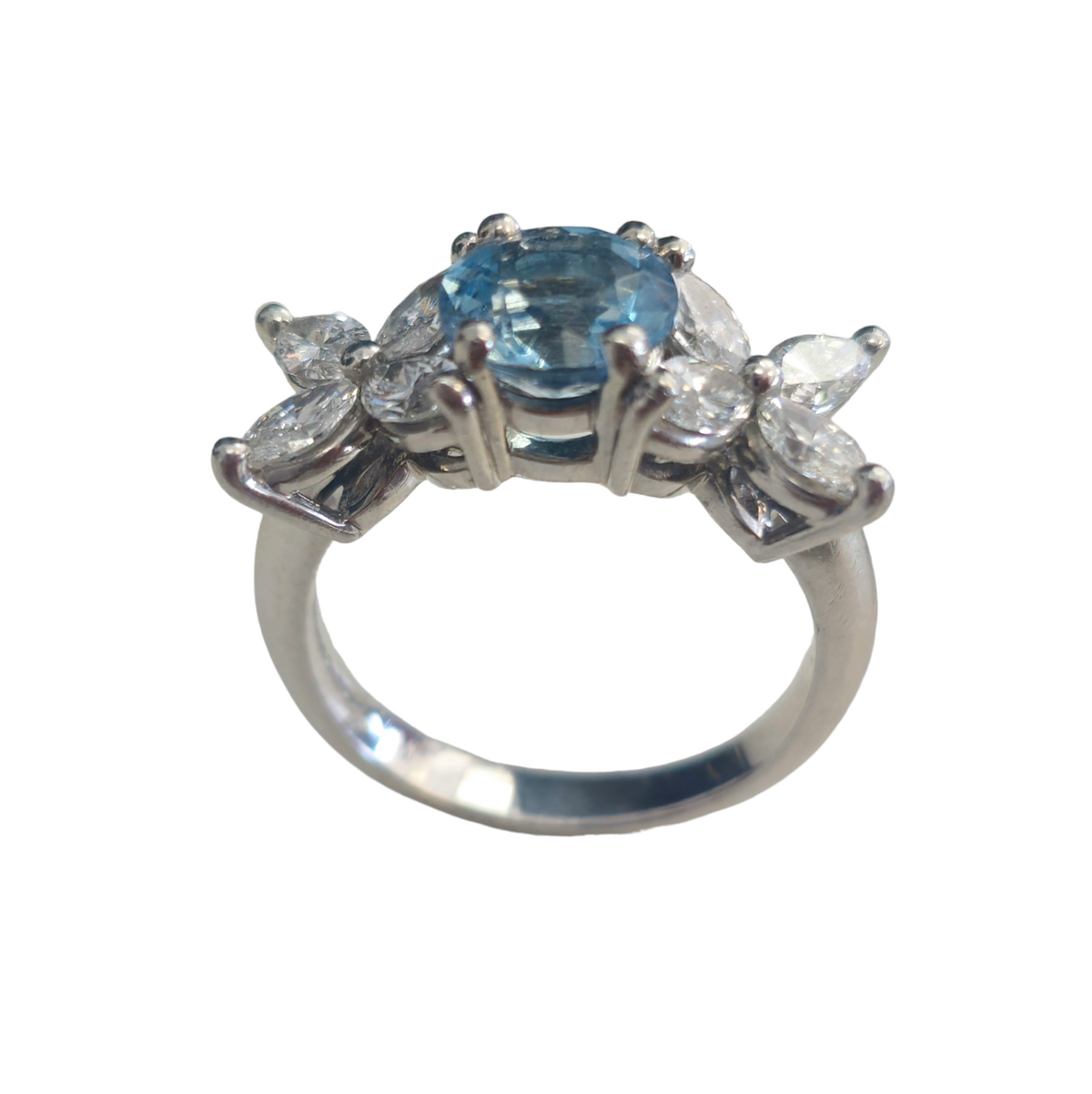 Aquamarine Tiffany Platinum Ring with Diamonds and Flower Design