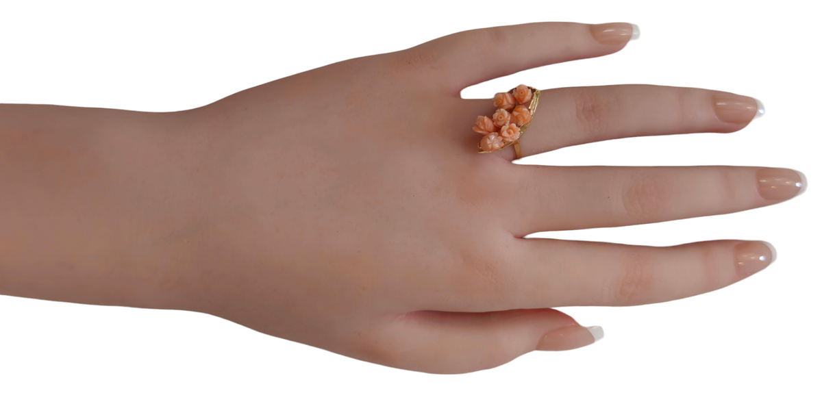 Pink  Coral Carved Flower Design in 14 Karat Gold Ring