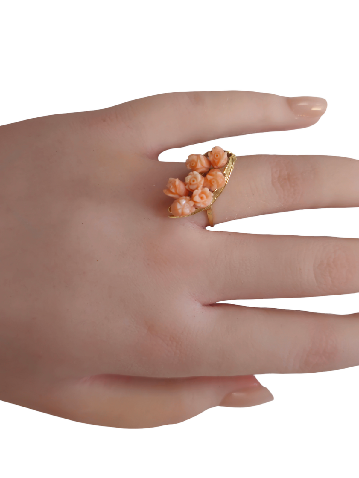 Pink  Coral Carved Flower Design in 14 Karat Gold Ring