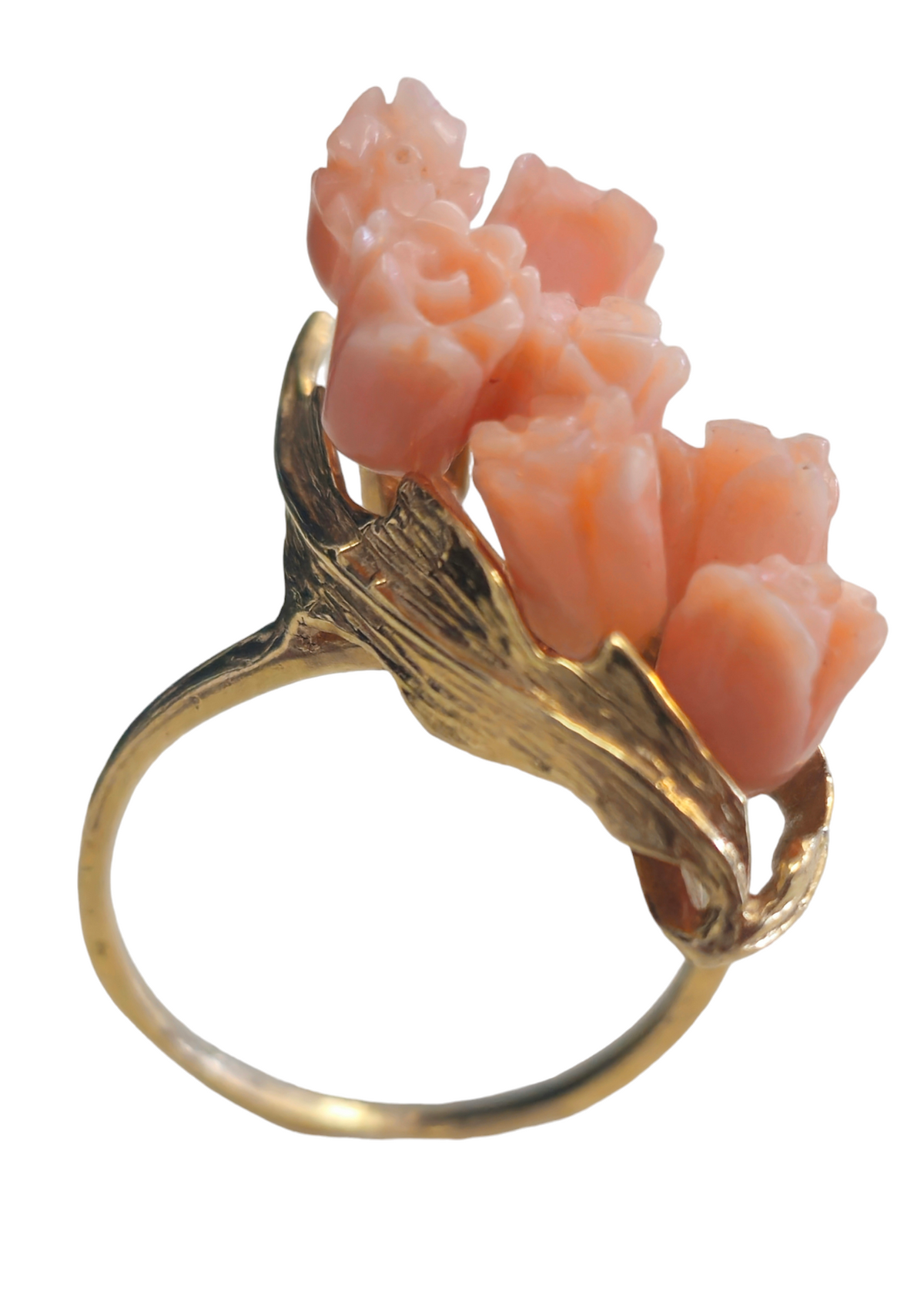 Pink  Coral Carved Flower Design in 14 Karat Gold Ring