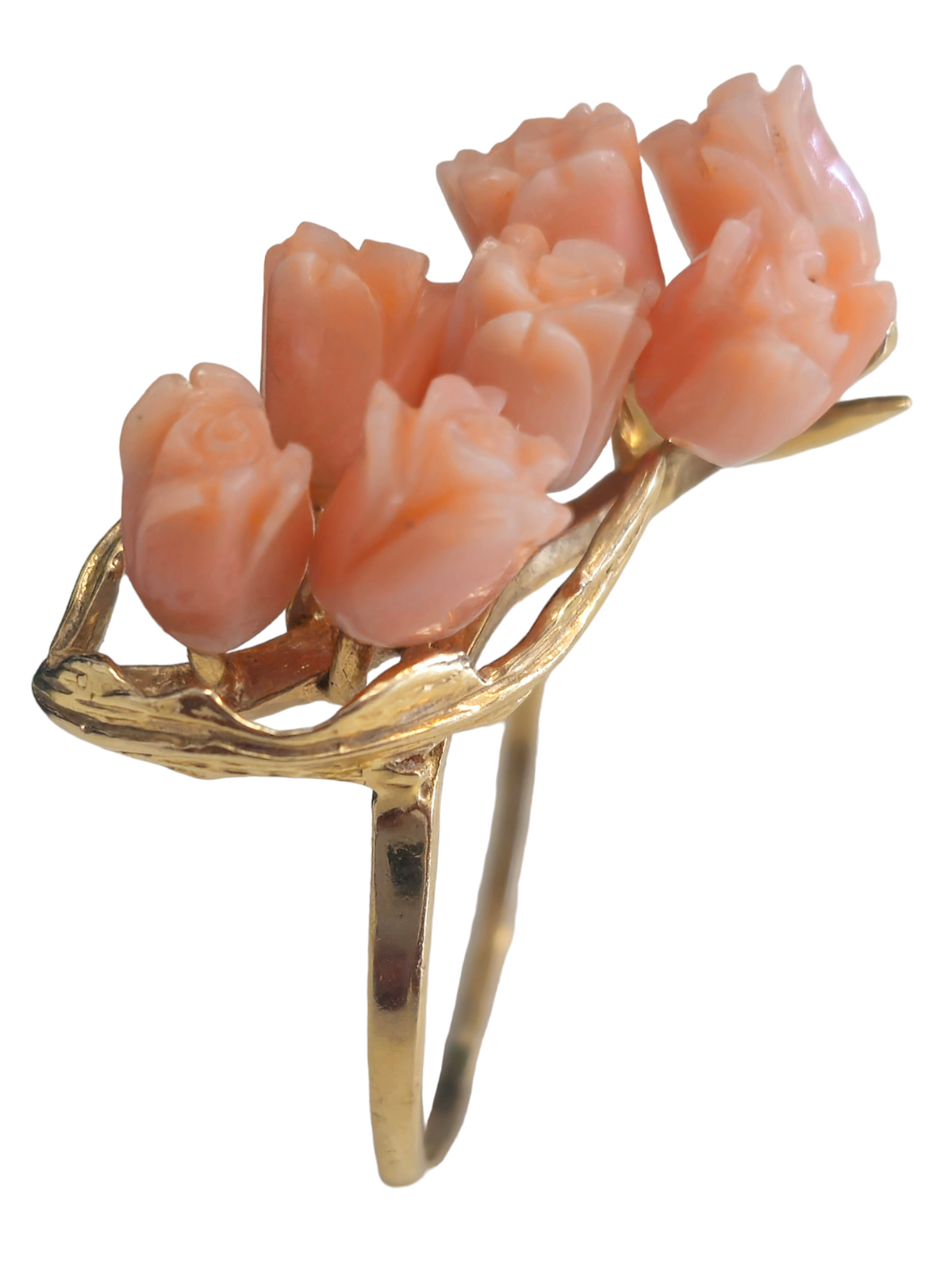 Pink  Coral Carved Flower Design in 14 Karat Gold Ring