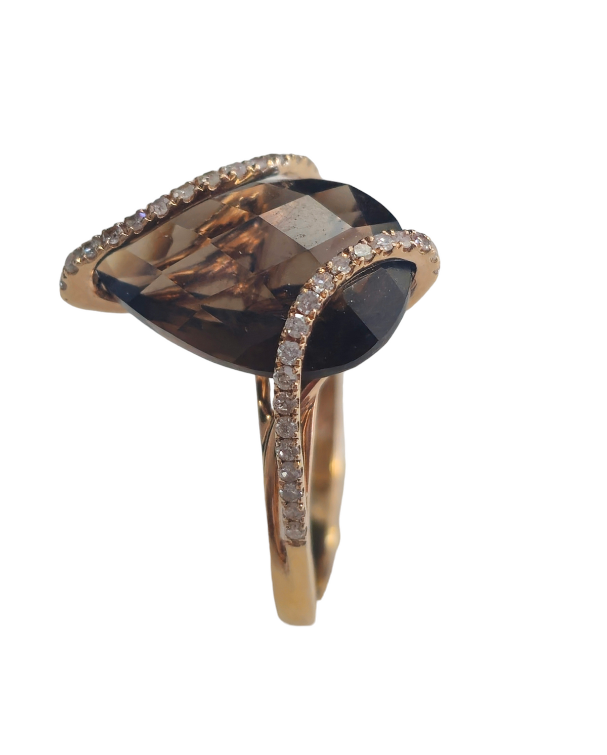 Pear Shaped Smokey Quartz with Diamonds in 14 Karat Gold Ring