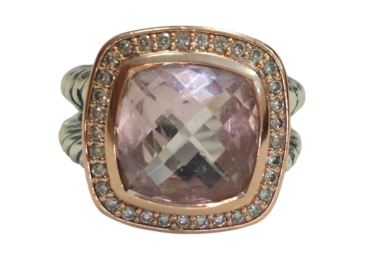 David Yurman Albion Morganite Ring 925 Sterling Silver and 18K Rose Gold