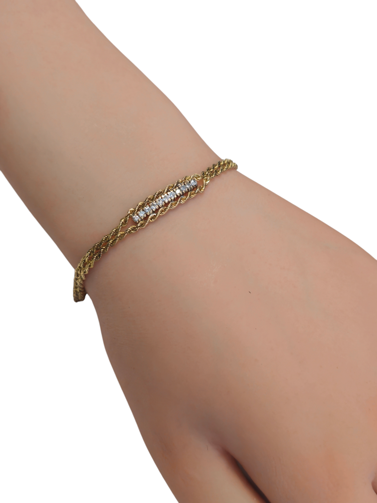 14 Karat Yellow Gold Double Rope Chain Bracelet with Diamonds