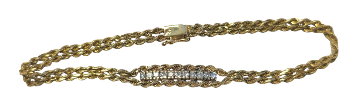 14 Karat Yellow Gold Double Rope Chain Bracelet with Diamonds