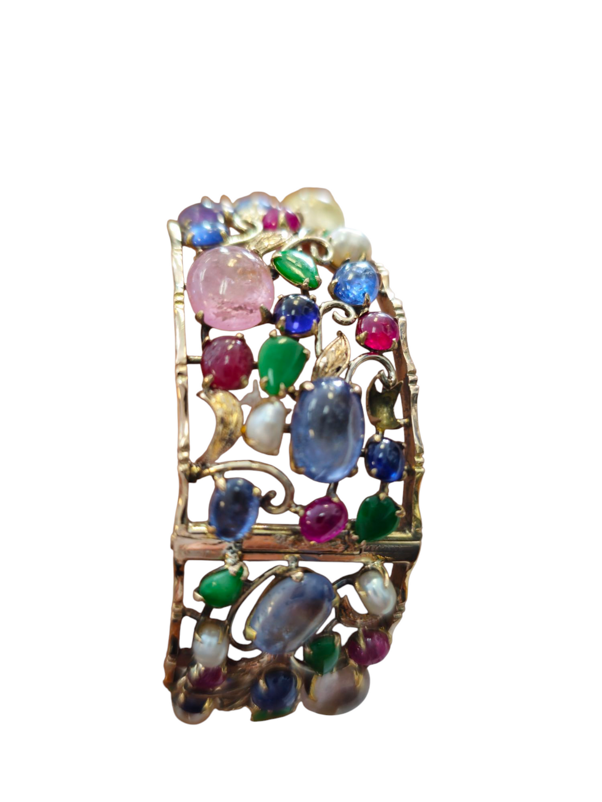 Bangle  Bracelet with Multi Colored gemstones  with Jade Sapphire Tourmaline Pearls Quartz Ruby Kunzite in 14 Kt Yellow Gold