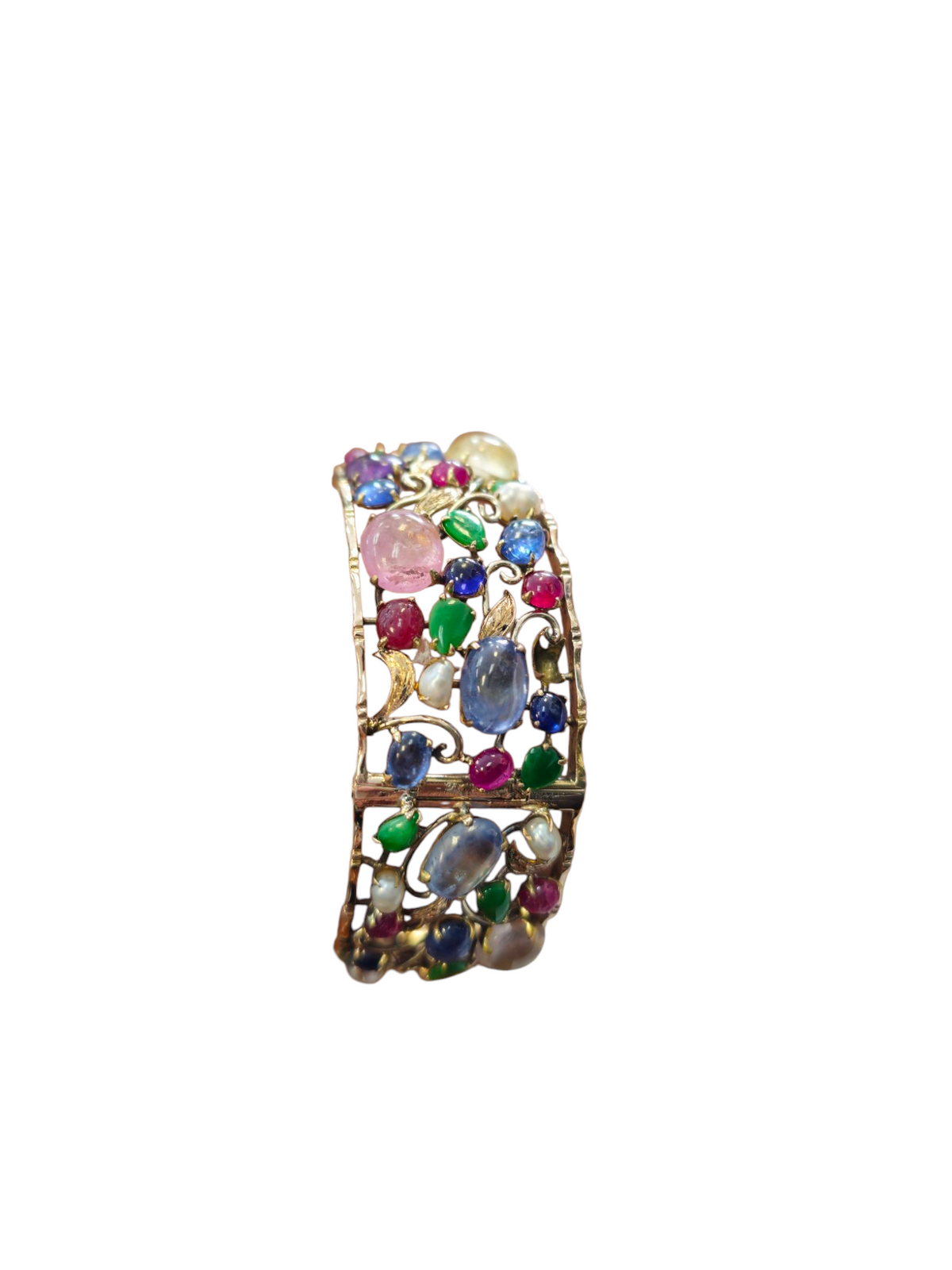 Bangle  Bracelet with Multi Colored gemstones  with Jade Sapphire Tourmaline Pearls Quartz Ruby Kunzite in 14 Kt Yellow Gold