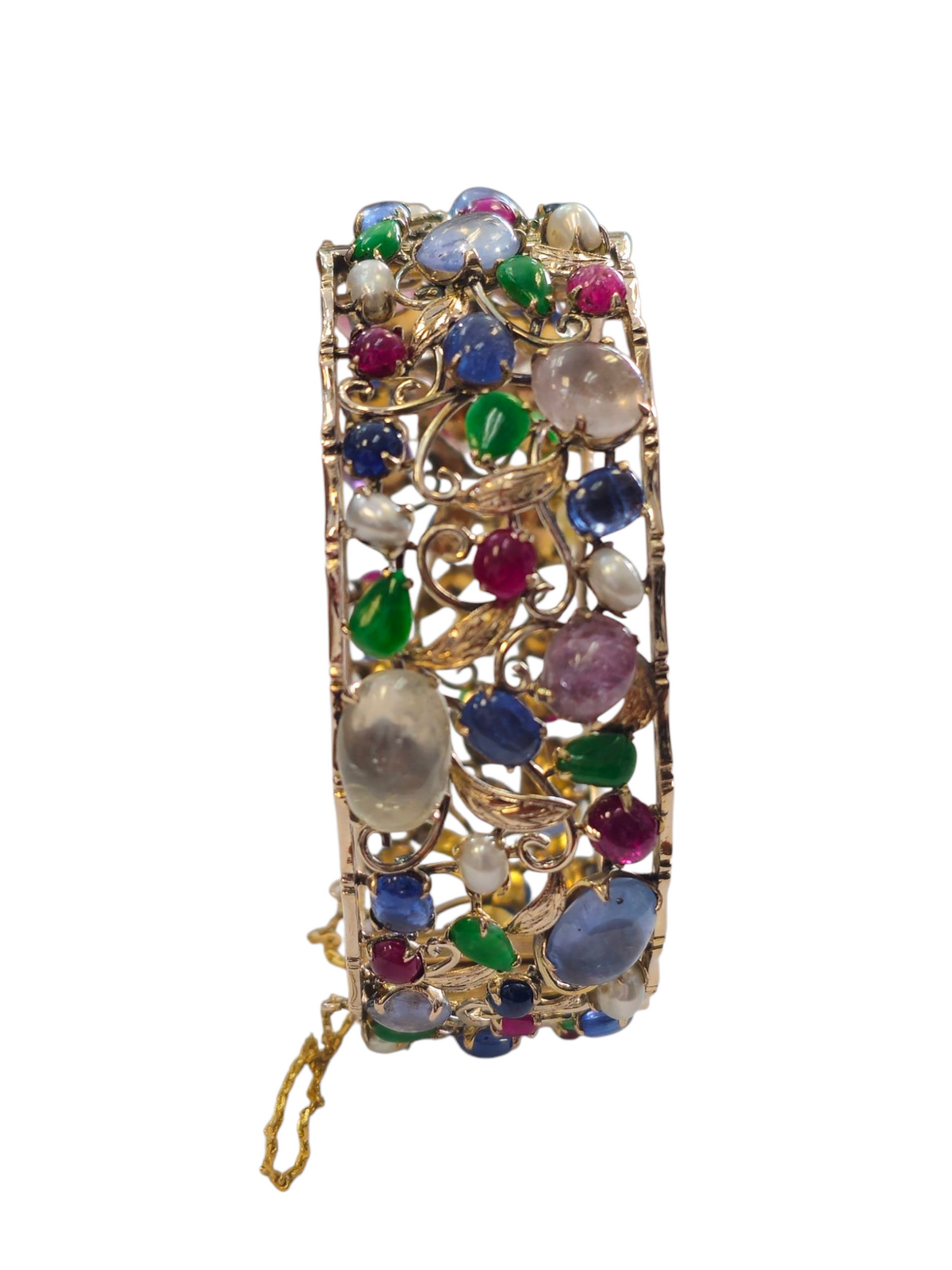 Bangle  Bracelet with Multi Colored gemstones  with Jade Sapphire Tourmaline Pearls Quartz Ruby Kunzite in 14 Kt Yellow Gold