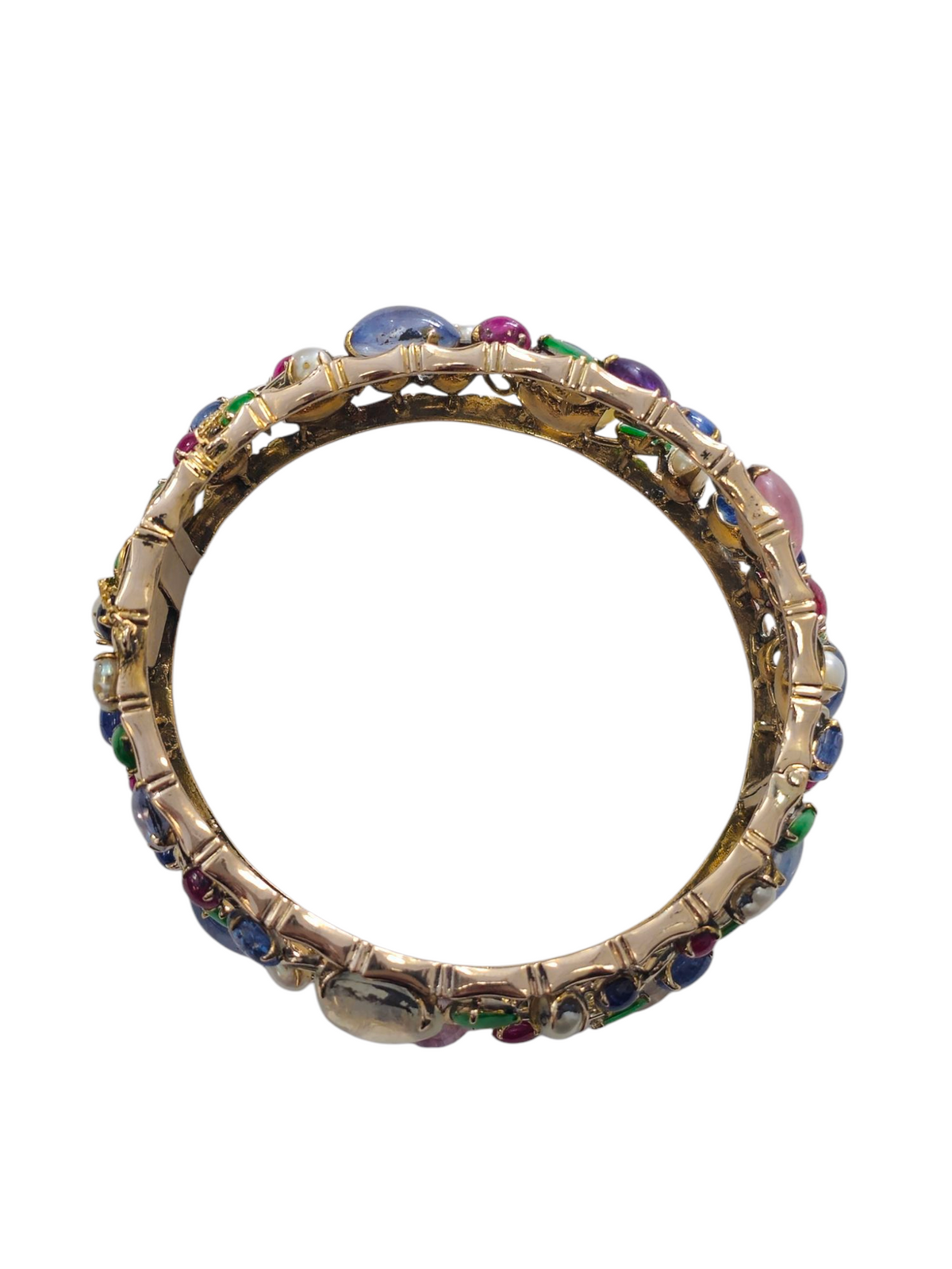 Bangle  Bracelet with Multi Colored gemstones  with Jade Sapphire Tourmaline Pearls Quartz Ruby Kunzite in 14 Kt Yellow Gold