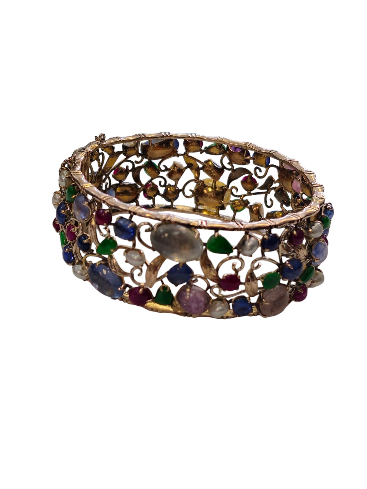 Bangle  Bracelet with Multi Colored gemstones  with Jade Sapphire Tourmaline Pearls Quartz Ruby Kunzite in 14 Kt Yellow Gold