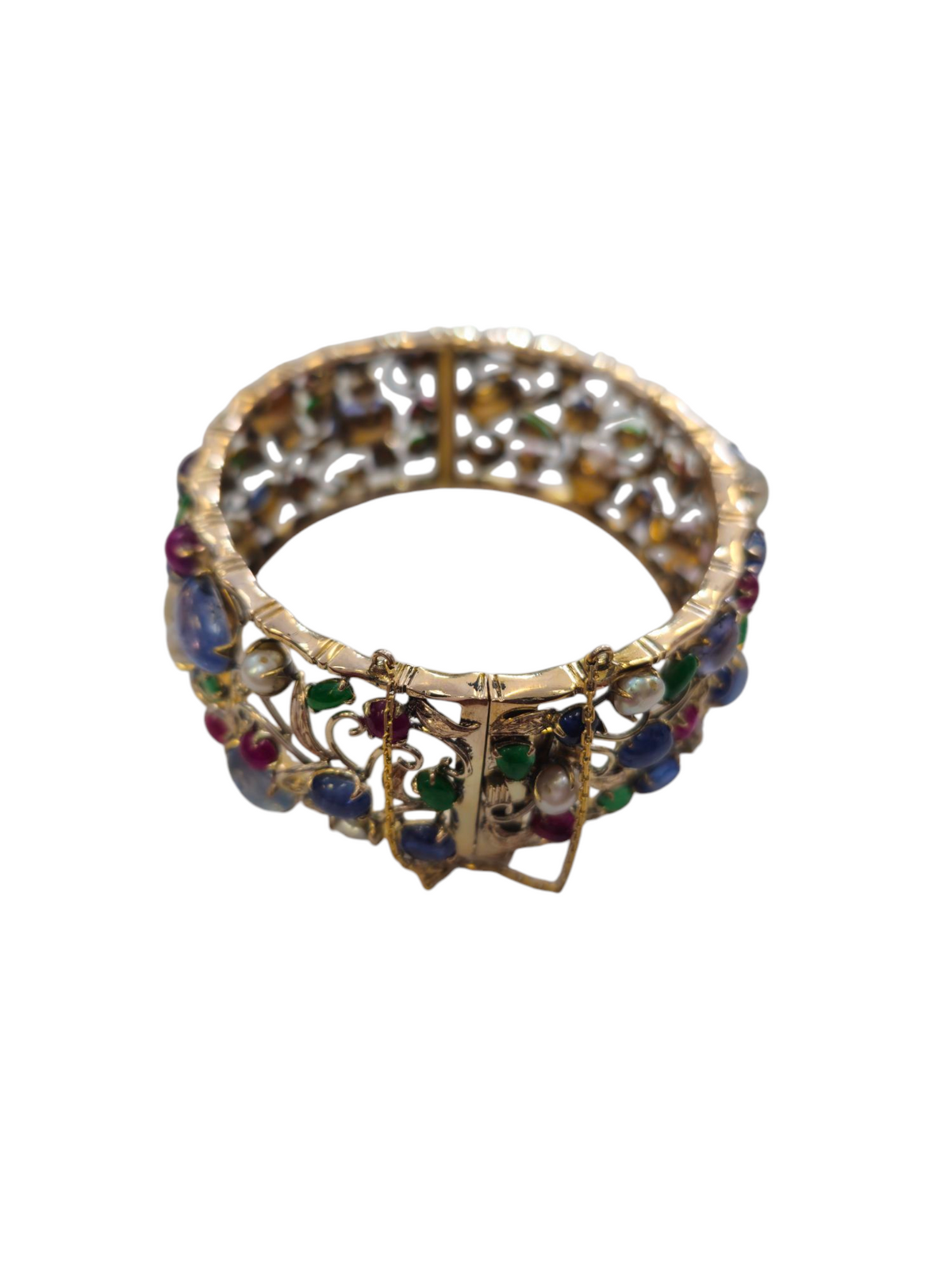 Bangle  Bracelet with Multi Colored gemstones  with Jade Sapphire Tourmaline Pearls Quartz Ruby Kunzite in 14 Kt Yellow Gold