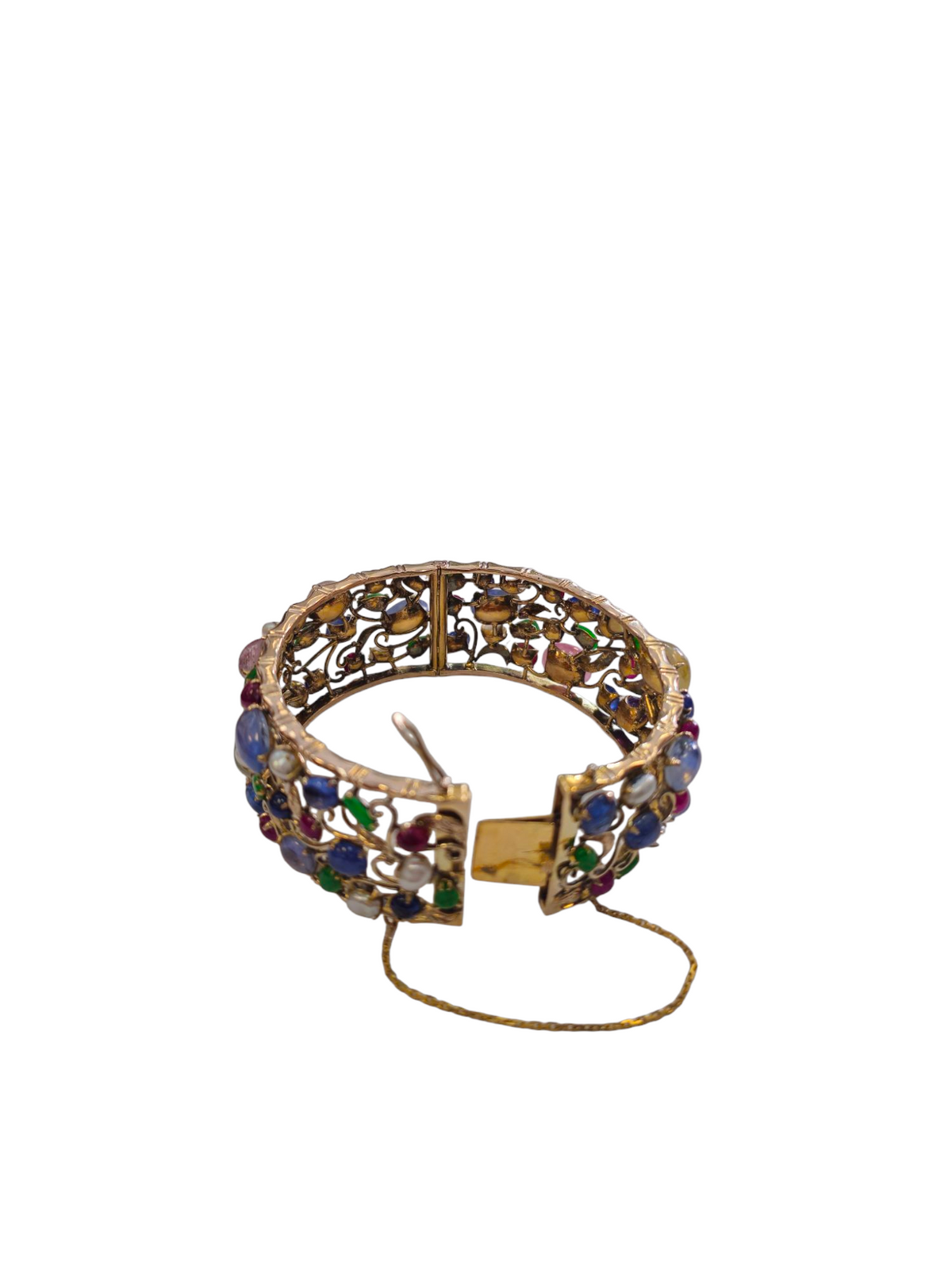 Bangle  Bracelet with Multi Colored gemstones  with Jade Sapphire Tourmaline Pearls Quartz Ruby Kunzite in 14 Kt Yellow Gold