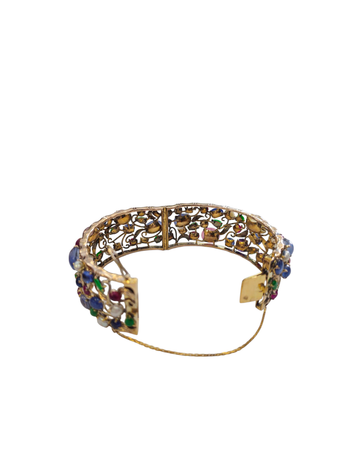 Bangle  Bracelet with Multi Colored gemstones  with Jade Sapphire Tourmaline Pearls Quartz Ruby Kunzite in 14 Kt Yellow Gold