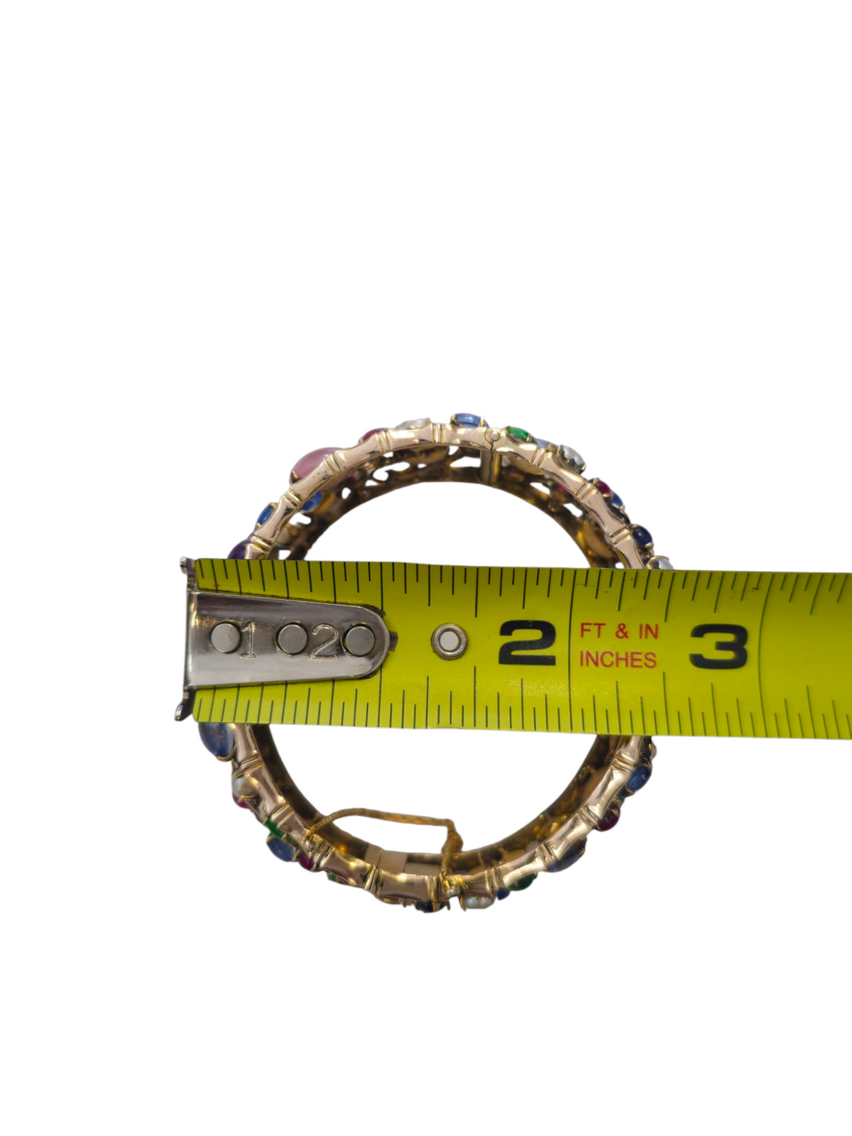 Bangle  Bracelet with Multi Colored gemstones  with Jade Sapphire Tourmaline Pearls Quartz Ruby Kunzite in 14 Kt Yellow Gold