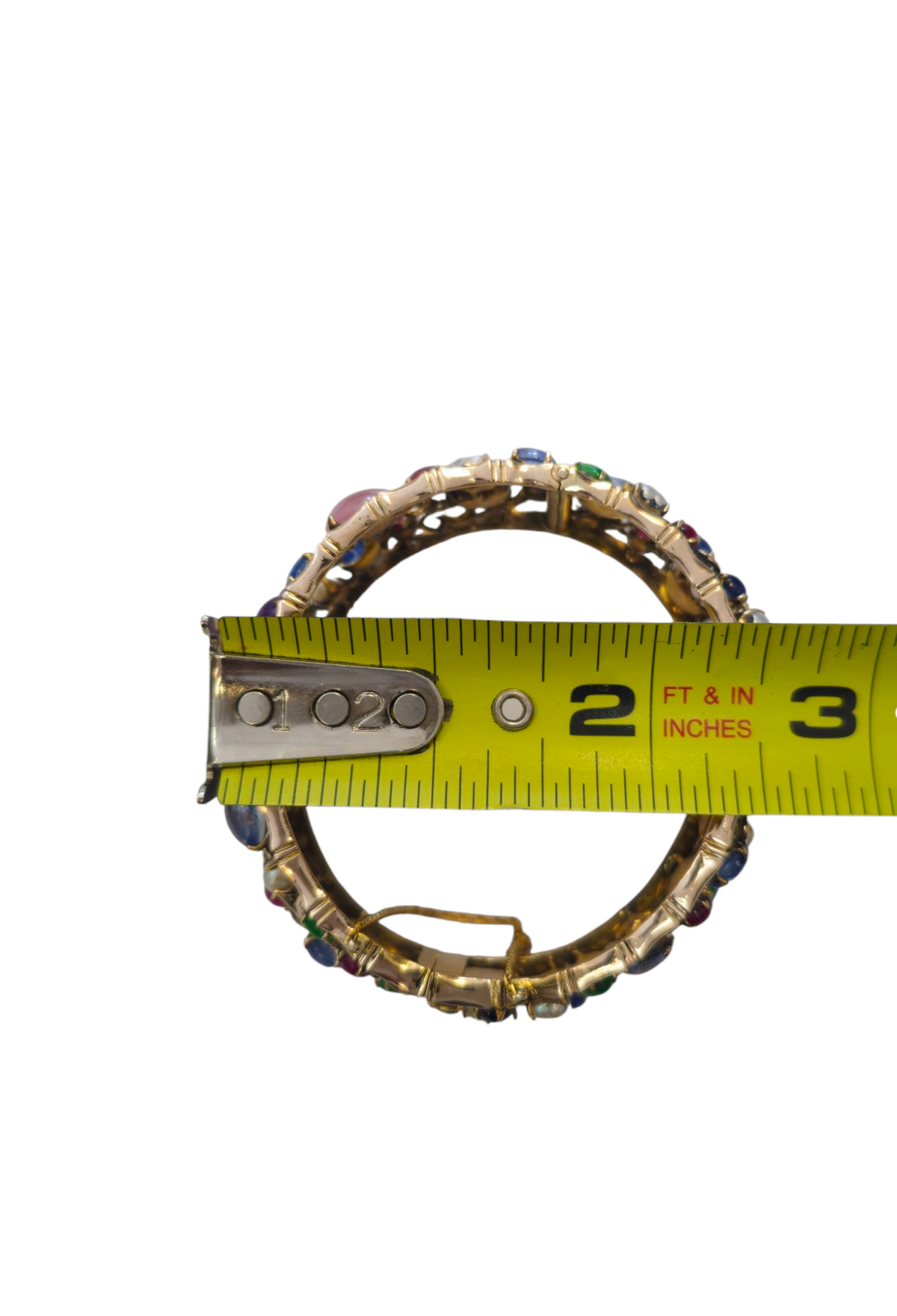 Bangle  Bracelet with Multi Colored gemstones  with Jade Sapphire Tourmaline Pearls Quartz Ruby Kunzite in 14 Kt Yellow Gold