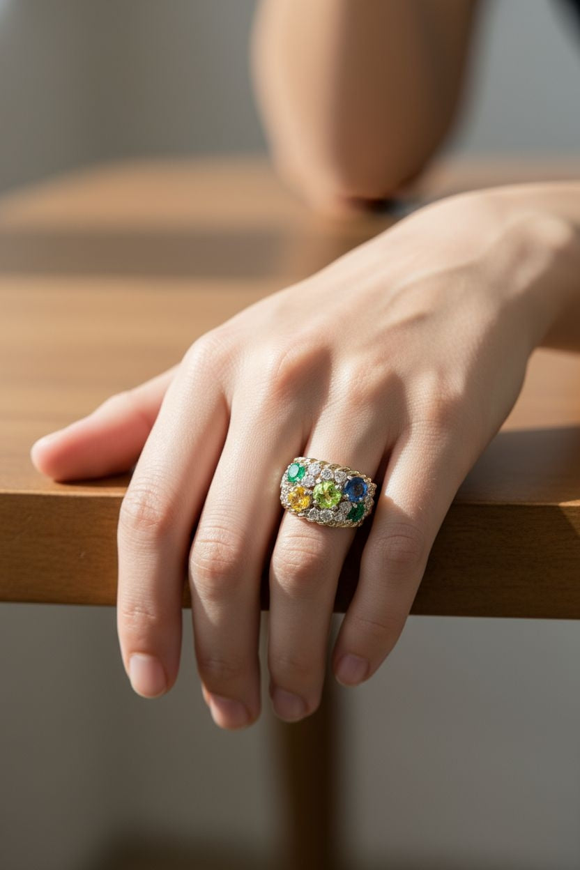Emerald, Peridot, Blue and Yellow Sapphire Diamond Ring in 18Karat Yellow Gold