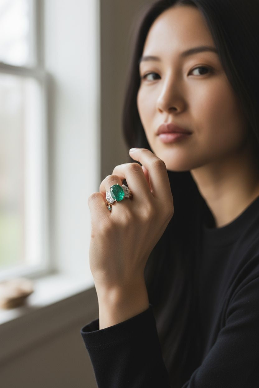 Emerald and Baguette Cut Diamond Ring in 14 Karat Yellow Gold