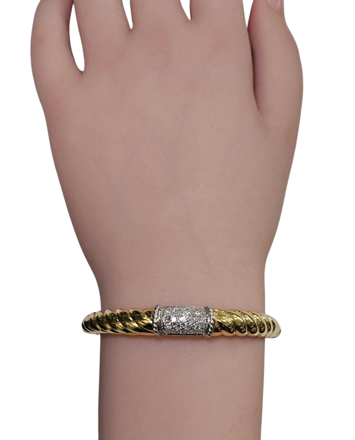 Twisted Style Bangle Bracelet with Diamond Pave made in 18-Karat Yellow Gold.