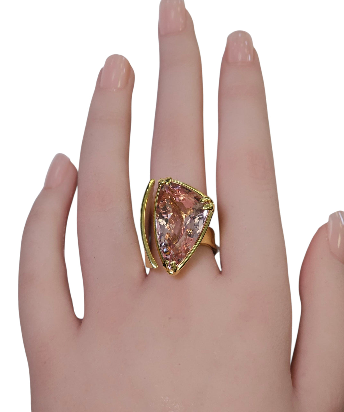Off Trillion Kunzite Hammer Look Custom Designed Ring in 14 Karat Yellow Gold