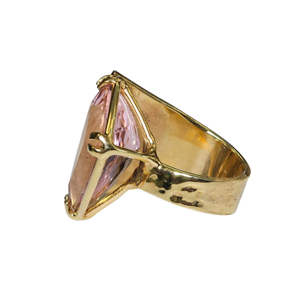 Off Trillion Kunzite Hammer Look Custom Designed Ring in 14 Karat Yellow Gold