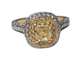 Fancy Yellow Cushion Cut Center Diamond w/ pave set round side diamonds