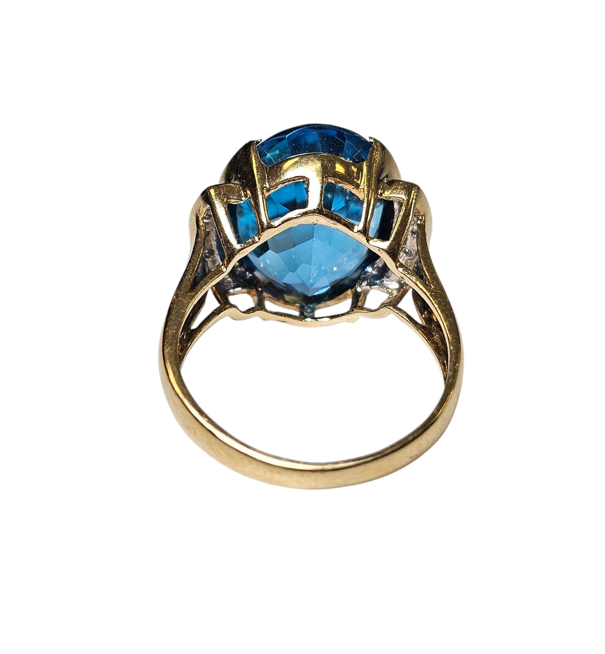 Large Blue Topaz Diamond Ring in 14 Karat Yellow Gold