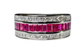 Triple Row Channel Set Princess Cut Diamond and Baguette Cut Ruby Ring in 14Karat White Gold