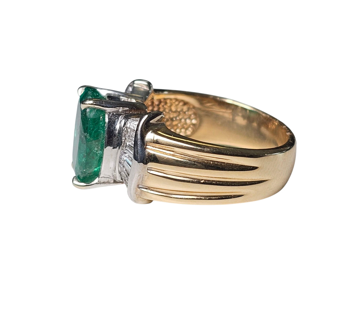 Emerald and Baguette Cut Diamond Ring in 14 Karat Yellow Gold