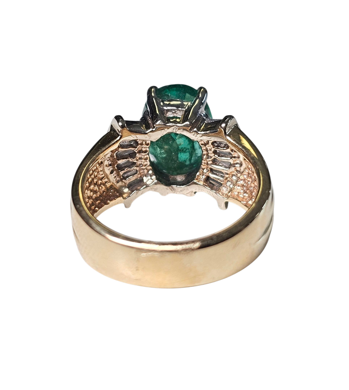Emerald and Baguette Cut Diamond Ring in 14 Karat Yellow Gold