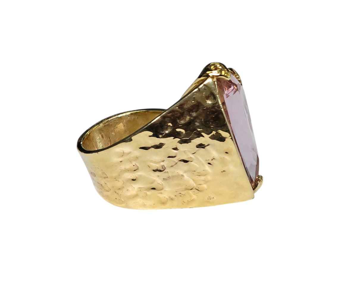 Off Trillion Kunzite Hammer Look Custom Designed Ring in 14 Karat Yellow Gold