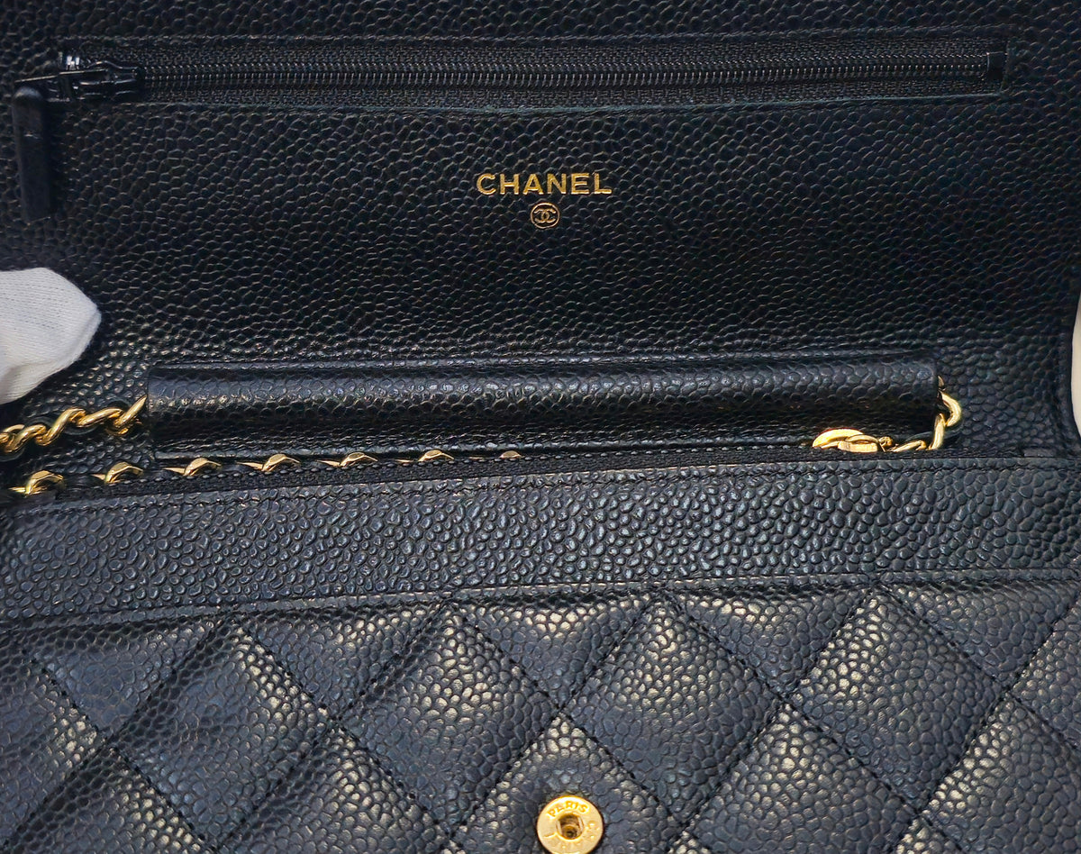 Chanel Black Caviar Quilted Wallet on Chain Handbag