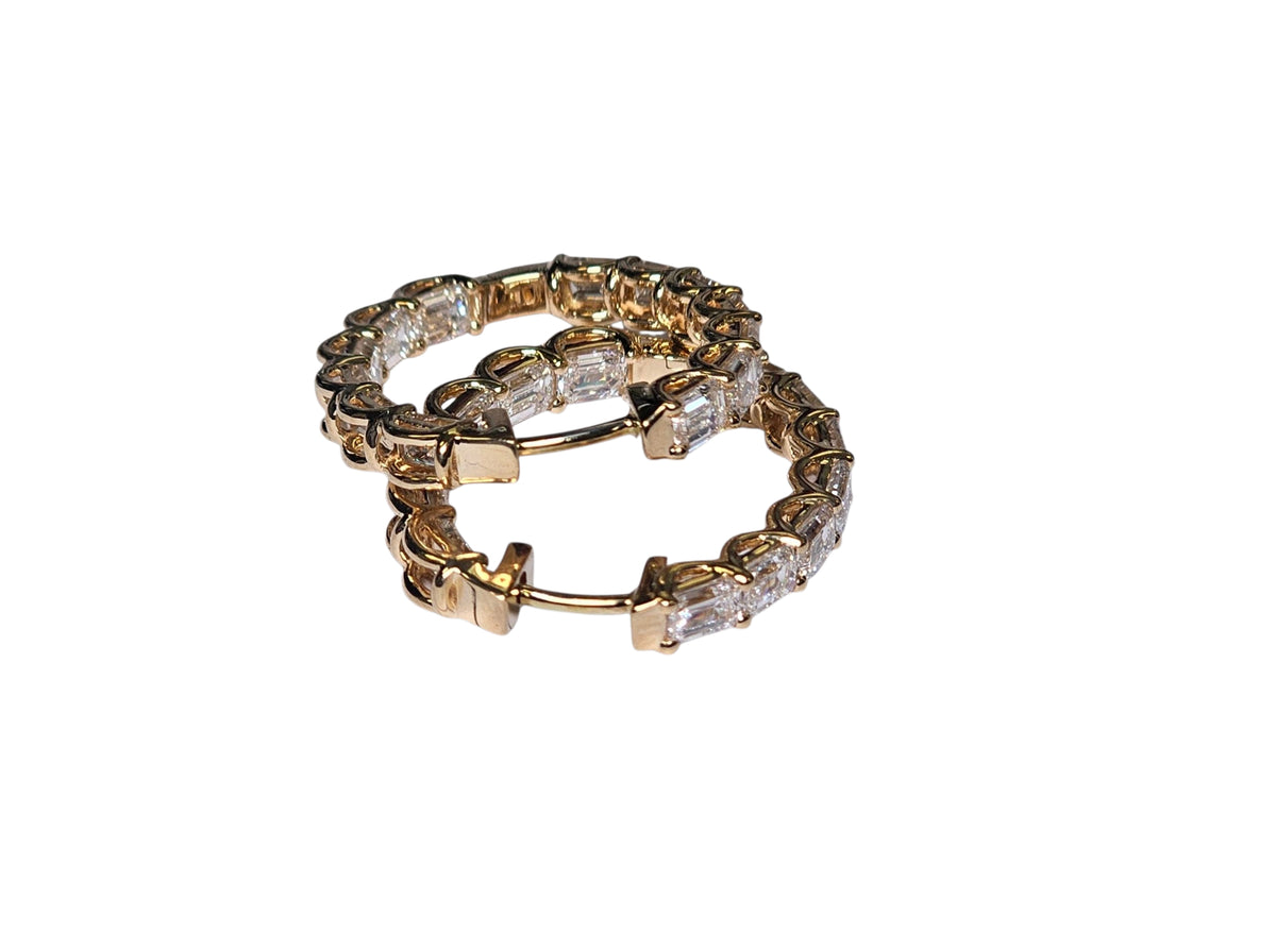 Emerald Cut Diamond Hoop Earrings in 18 Karat Yellow Gold