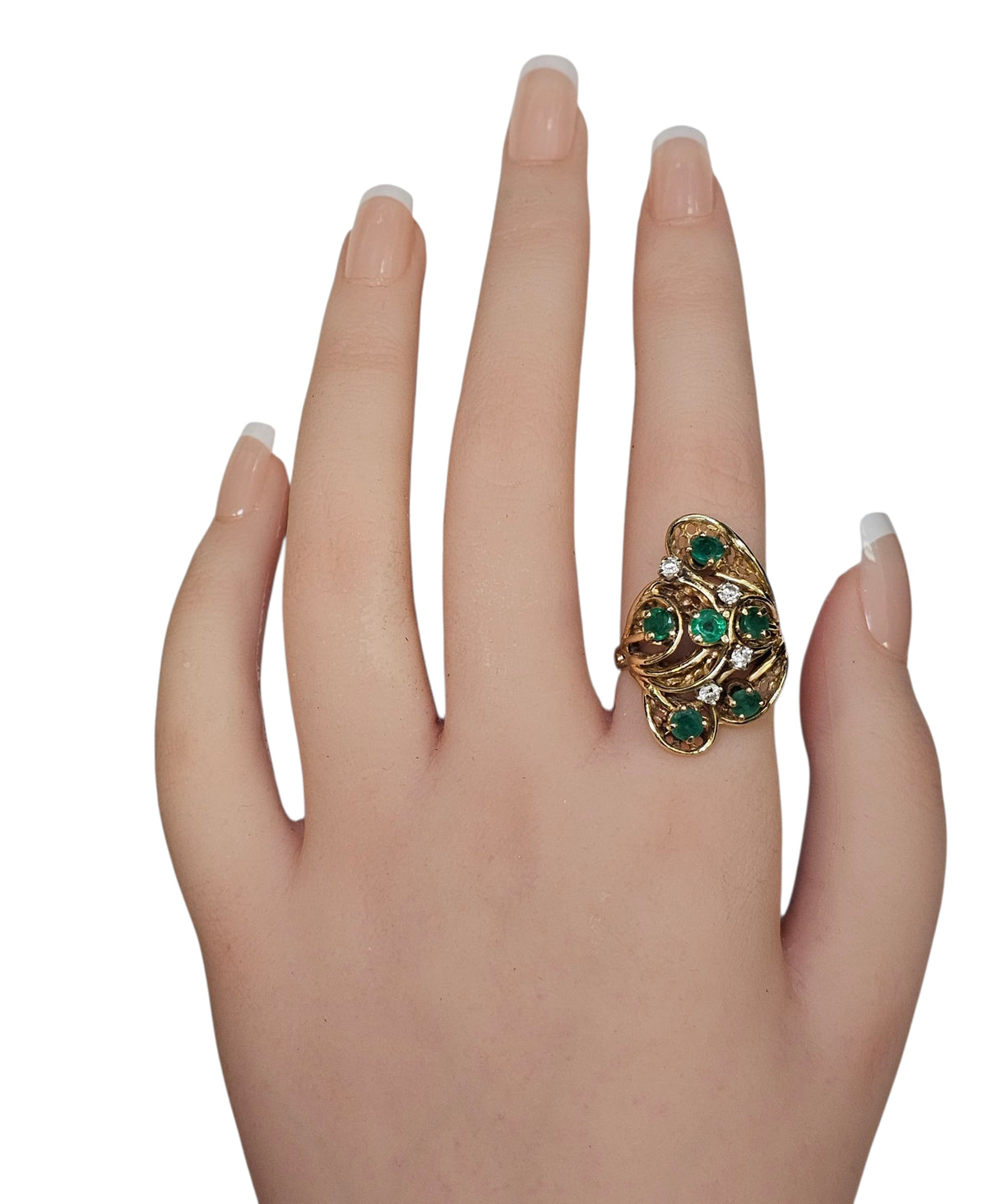 Emerald and Diamond Cocktail ring in 14 Karat Yellow Gold
