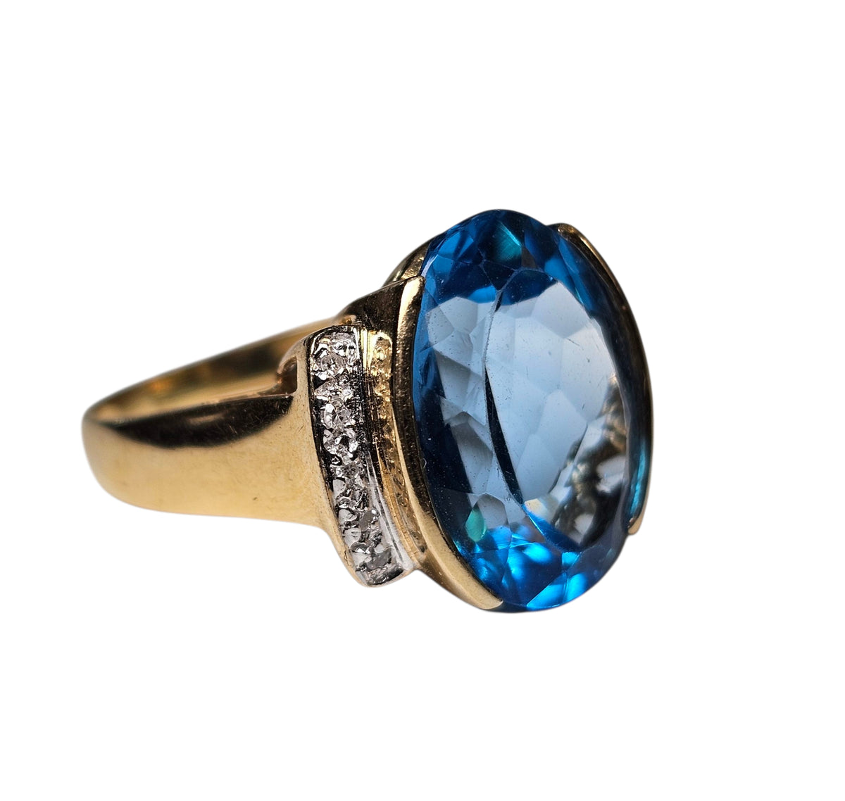 Large Blue Topaz Diamond Ring in 14 Karat Yellow Gold