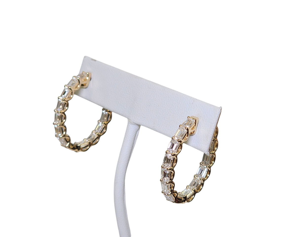 Emerald Cut Diamond Hoop Earrings in 18 Karat Yellow Gold