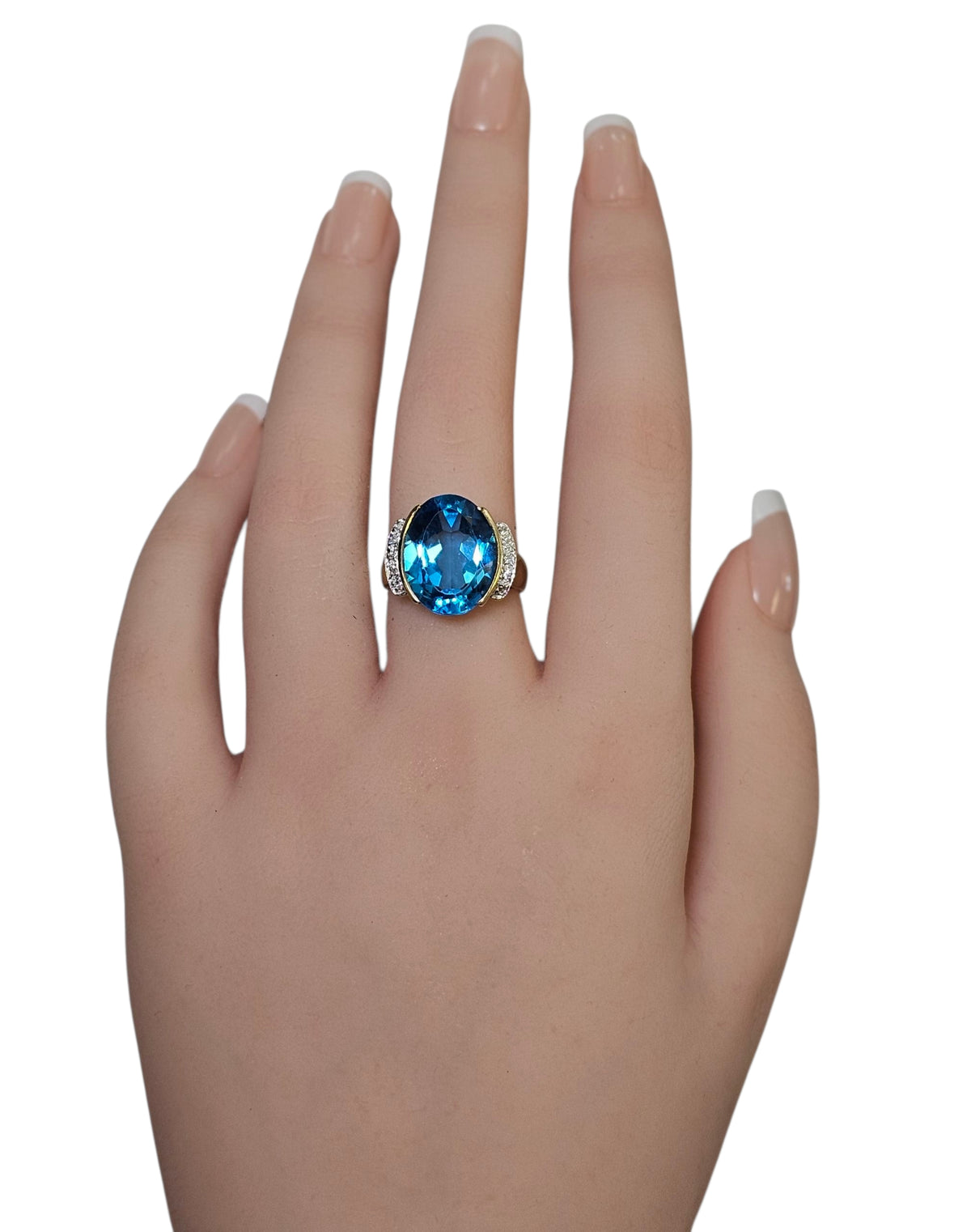 Large Blue Topaz Diamond Ring in 14 Karat Yellow Gold