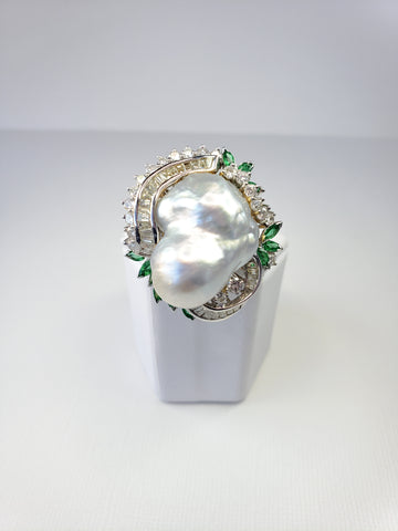 Giant South Sea Pearl and Emerald 18K White Gold Ring