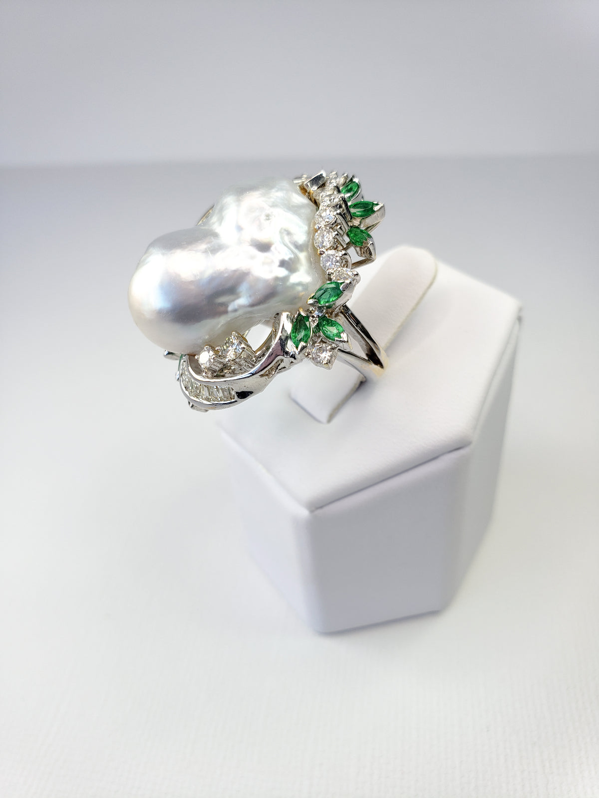 Giant South Sea Pearl and Emerald 18K White Gold Ring
