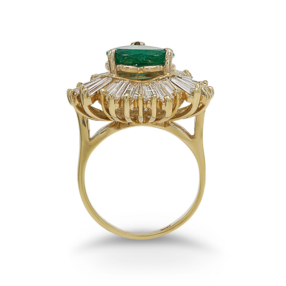 Heart Shaped Emerald and Baguette Diamond Skirt Ring made in 18-Karat Yellow Gold