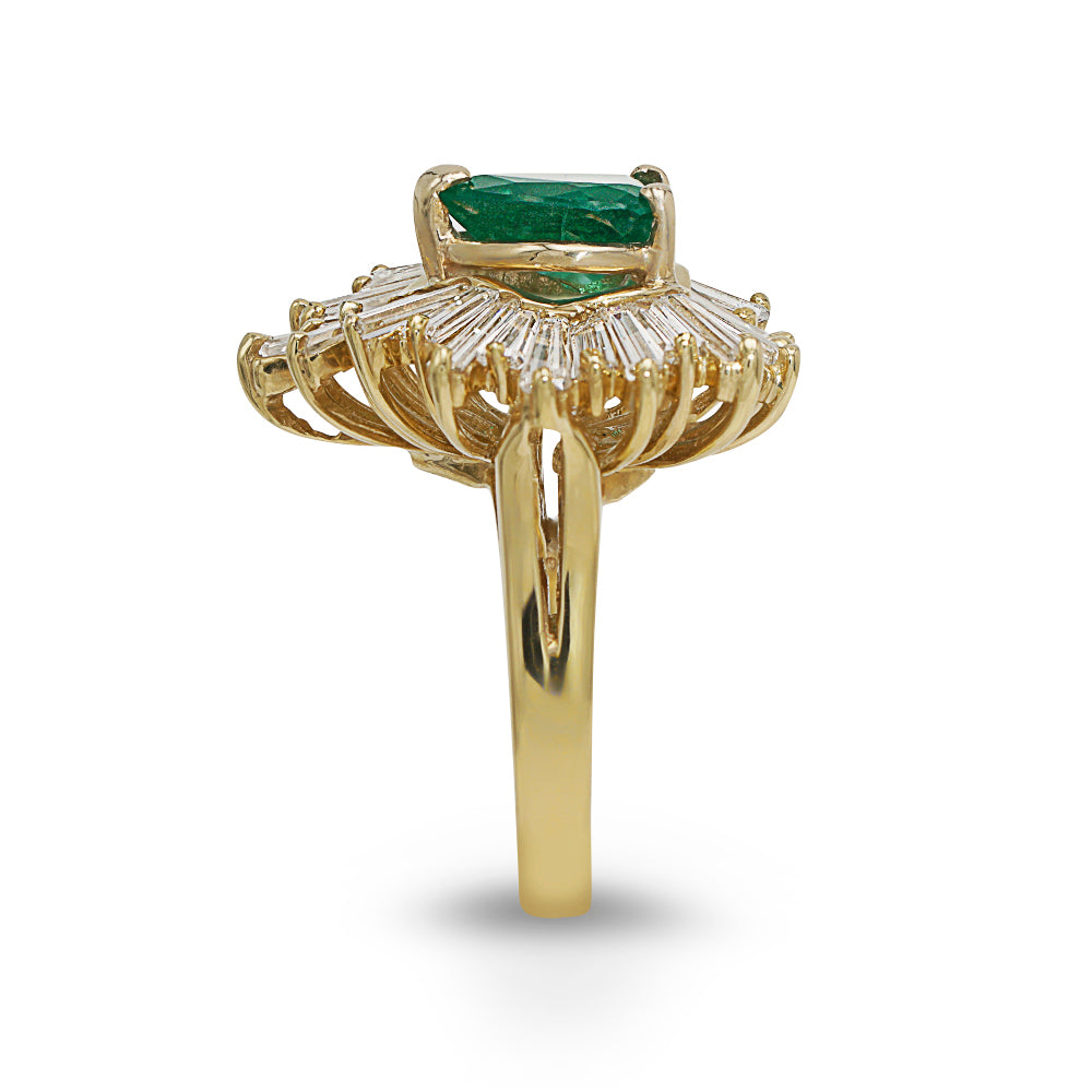 Heart Shaped Emerald and Baguette Diamond Skirt Ring made in 18-Karat Yellow Gold