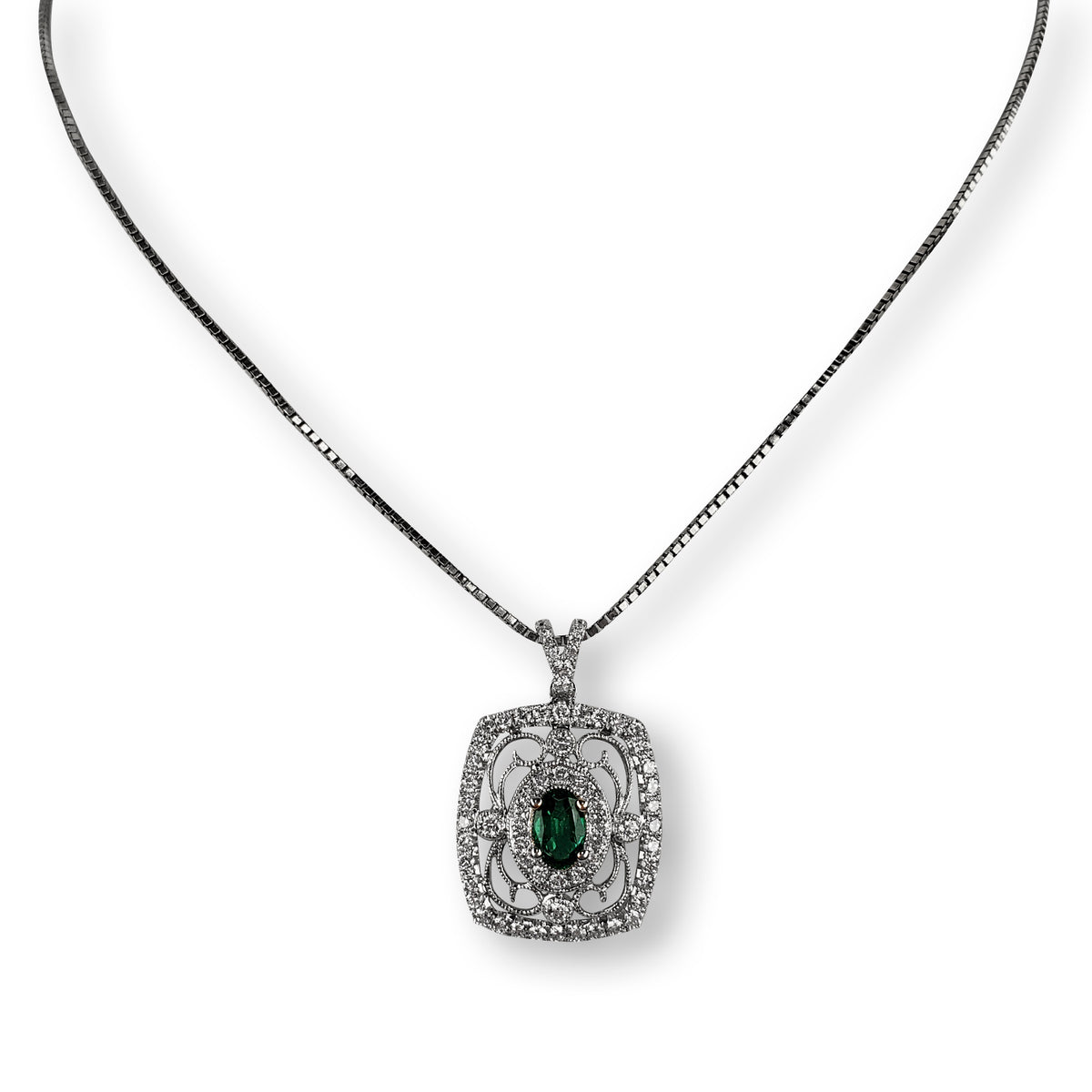 18kt White Gold Emerald and Diamond Pendant with 18kt White Gold Chain