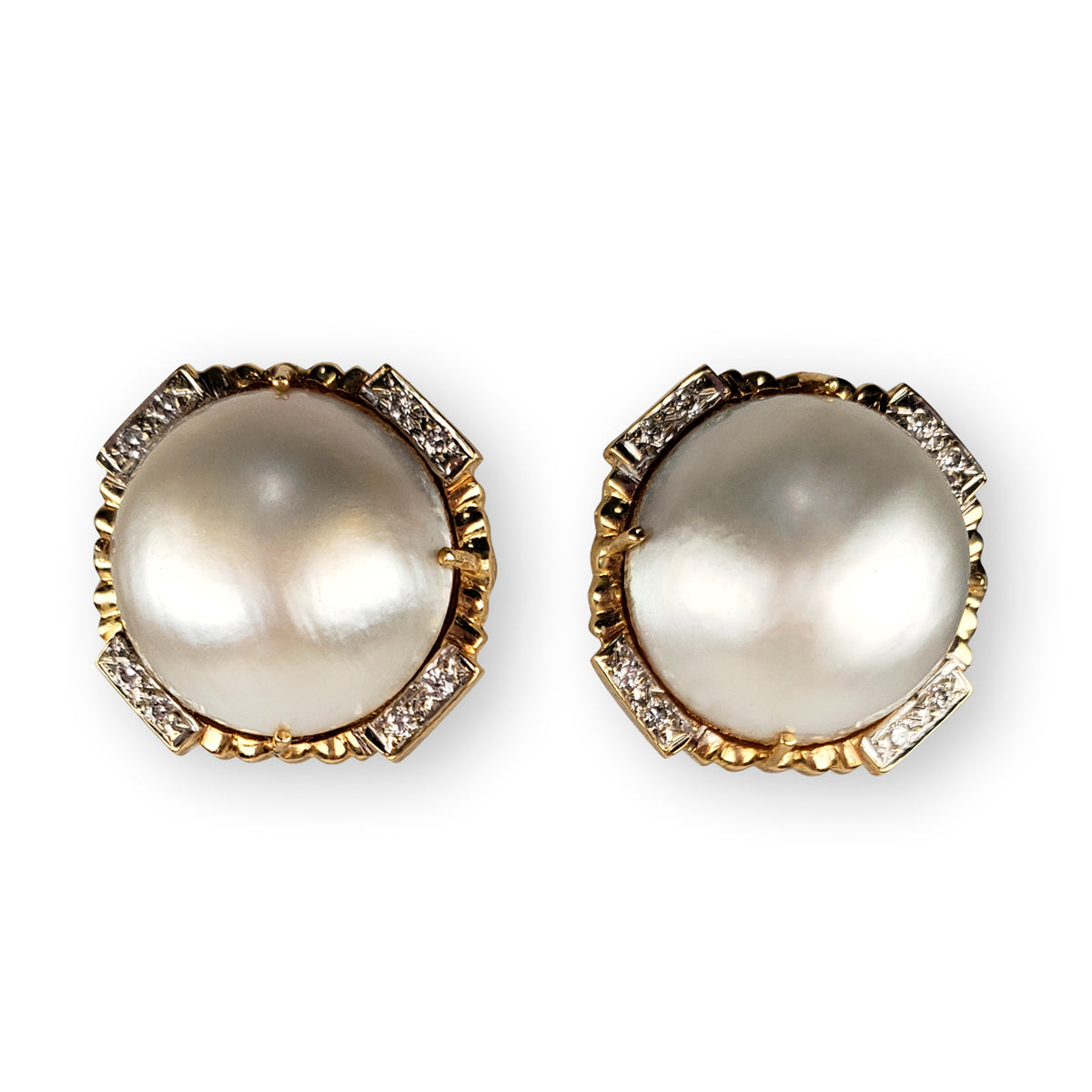 15.25 mm Mabe Pearl Earrings w/ omega clip made in 14-karat yellow gold