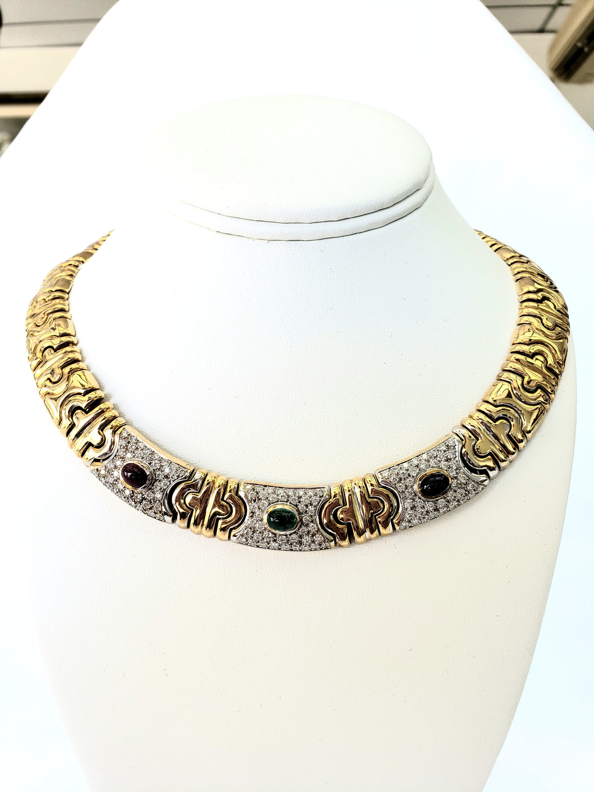 Heavy 18k Yellow Gold Diamond Italian Necklace with Cabochon Cut Emerald, Ruby, and Sapphire