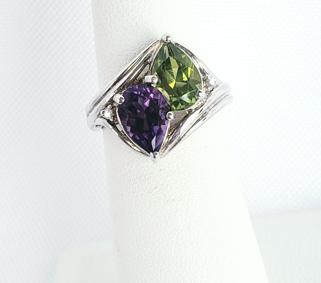 Amethyst and Peridot Ring Size 4.75(US) 14K White Gold