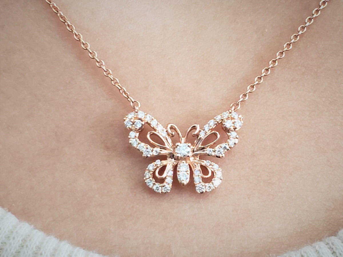Butterfly-Shaped Diamond Pendant, 14K Rose Gold