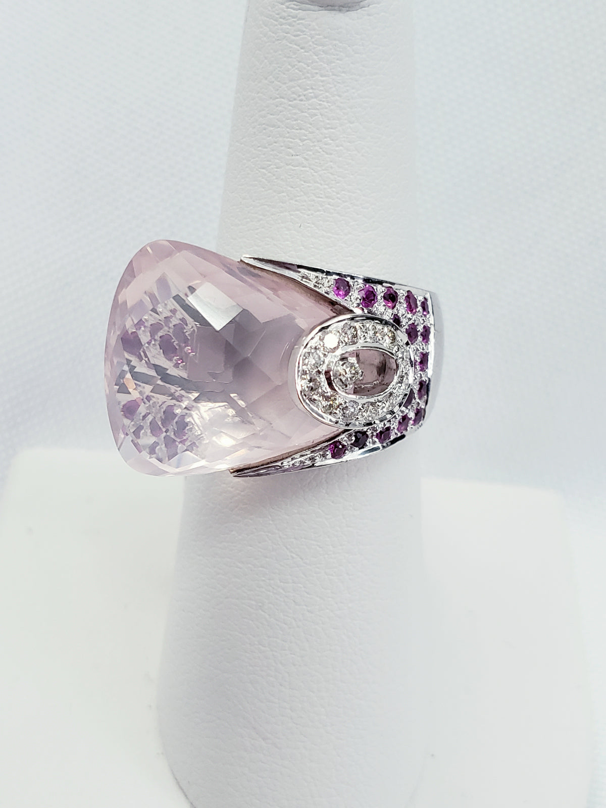 Rose Quartz, Ruby and Diamond Ring, 18kt White Gold