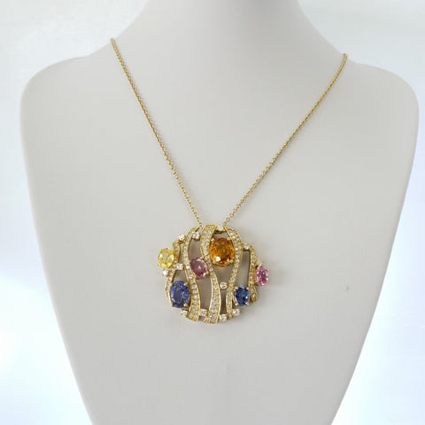 Multi-color Sapphire Gemstone & Diamond Pendant, 18Kt Yellow Gold (no chain)