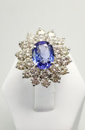 Blue Tanzanite and Diamond Halo 18K White Gold Ring