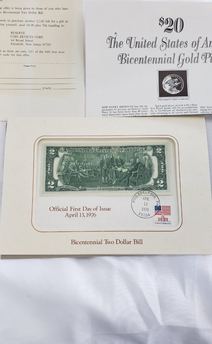 Bicentennial Official Two Dollar BILL FIRST DAY OF ISSUE APRIL 13 1976 Uncirculated